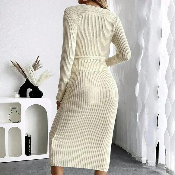 Beige Elegant Women's Stylish Knit V-Neck Cross-Tie Slimming Maxi Dress - Picture 2 of 7